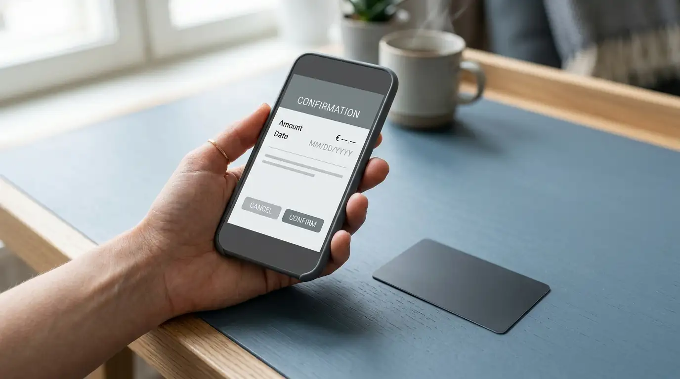 Smartphone showing a plain banking transfer screen next to a blank prepaid voucher card