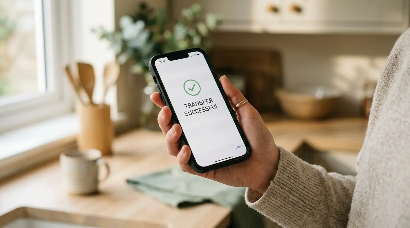 Smartphone showing a neutral instant bank transfer confirmation screen