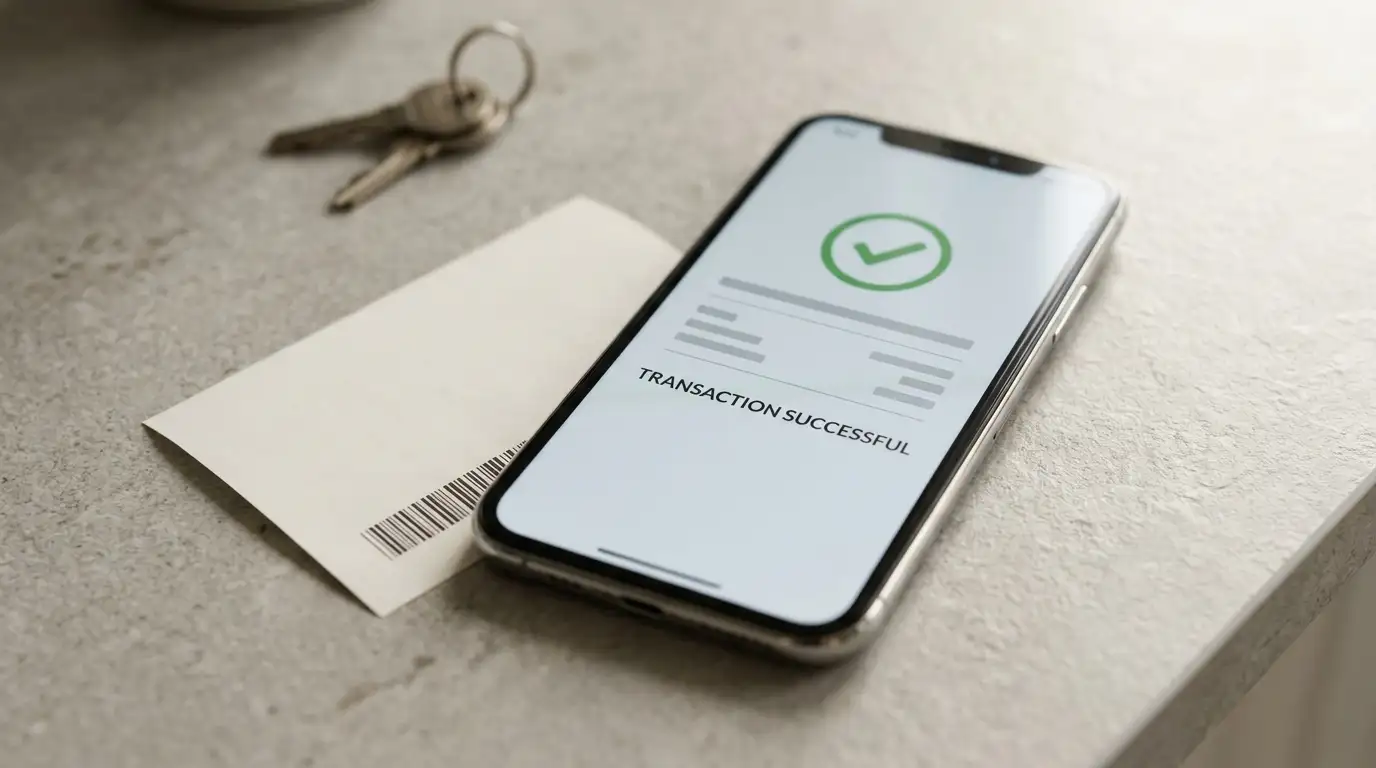 Smartphone showing a bank transfer confirmation screen next to a prepaid voucher slip