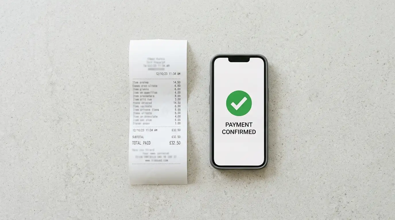 Prepaid voucher receipt and a phone displaying an instant bank transfer confirmation screen