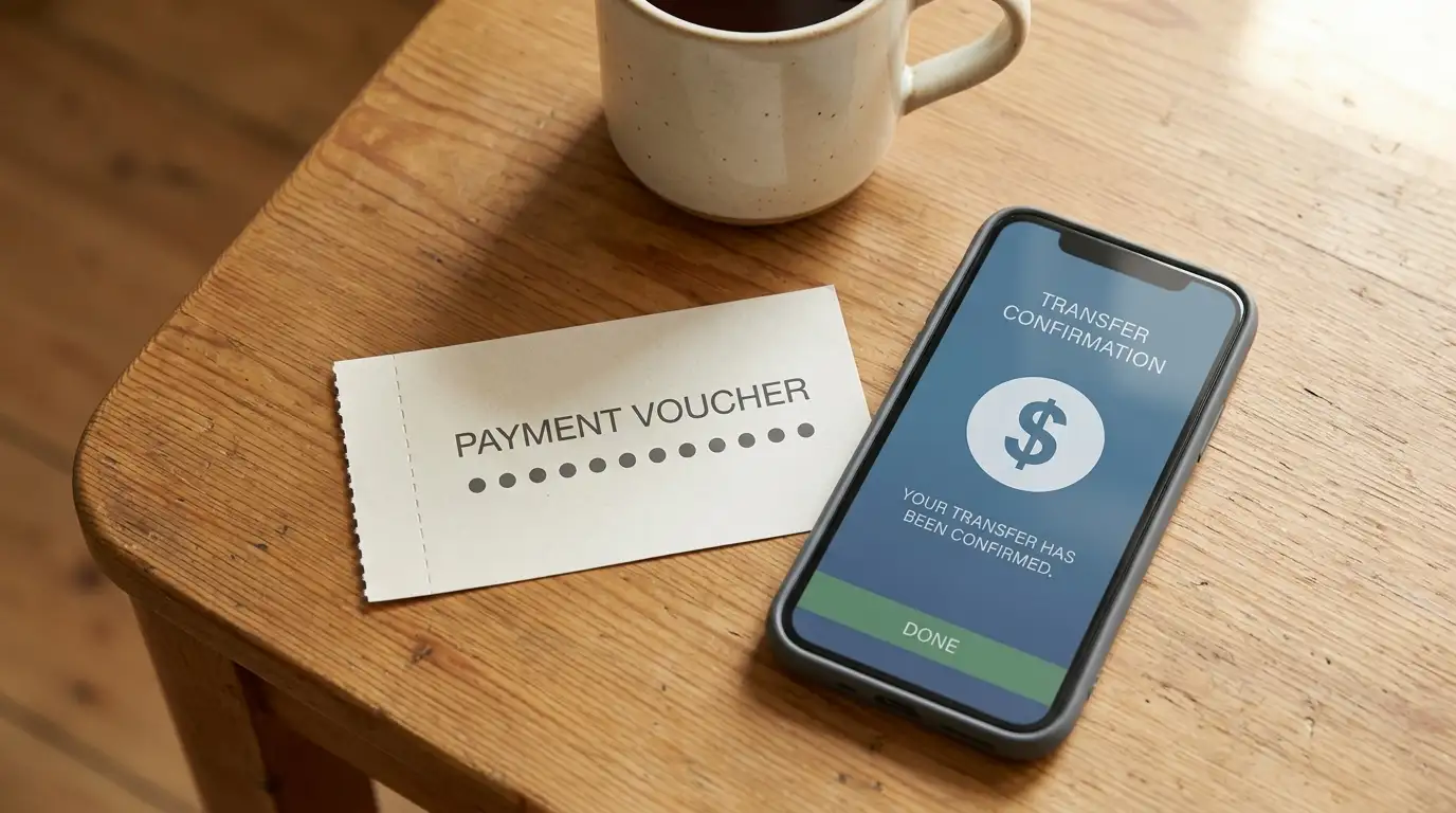 Prepaid voucher slip and a smartphone banking app on a wooden table
