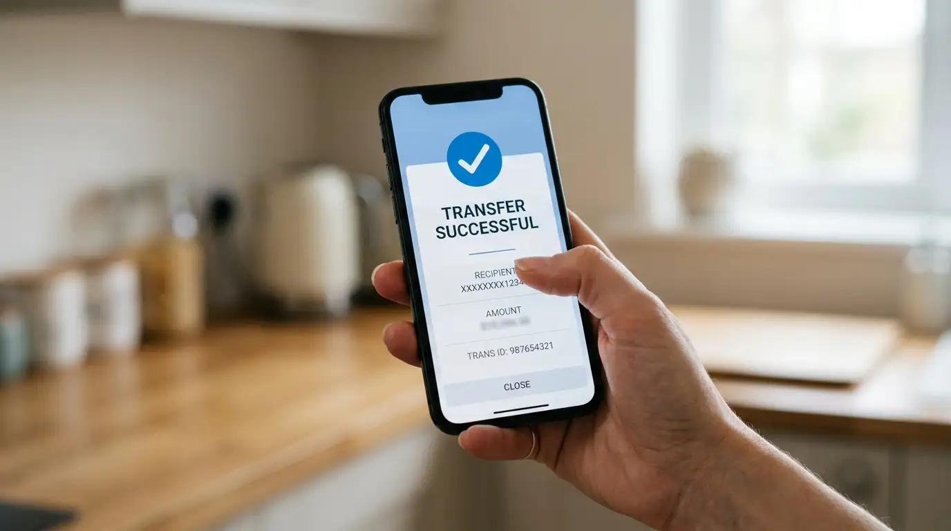 Hand holding a phone with a bank transfer confirmation screen, email address entered as the recipient identifier