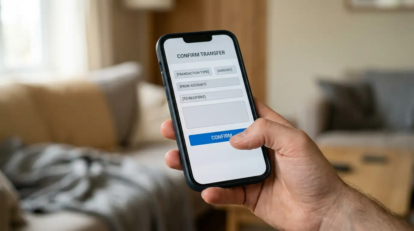 Hand holding a phone with a banking app open on a transfer confirmation screen
