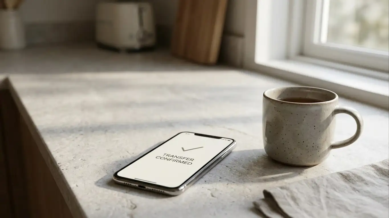 Phone showing a real-time bank transfer confirmation screen on a kitchen bench