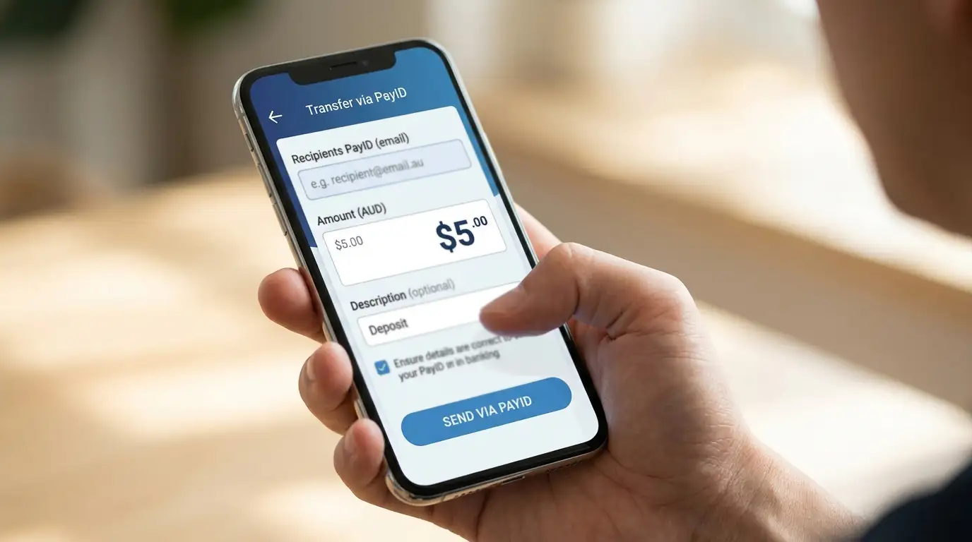 PayID mobile payment interface on smartphone screen showing instant bank transfer to casino