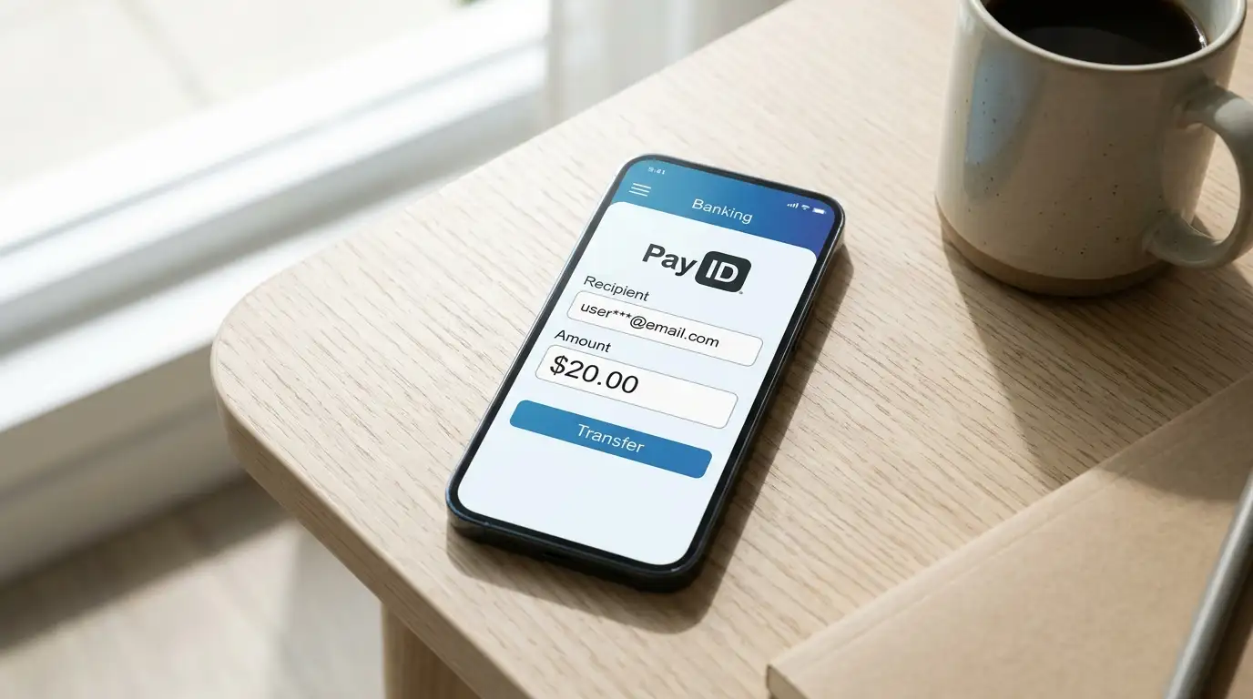 Smartphone displaying a PayID transfer screen with a twenty-dollar amount and a masked payee ID