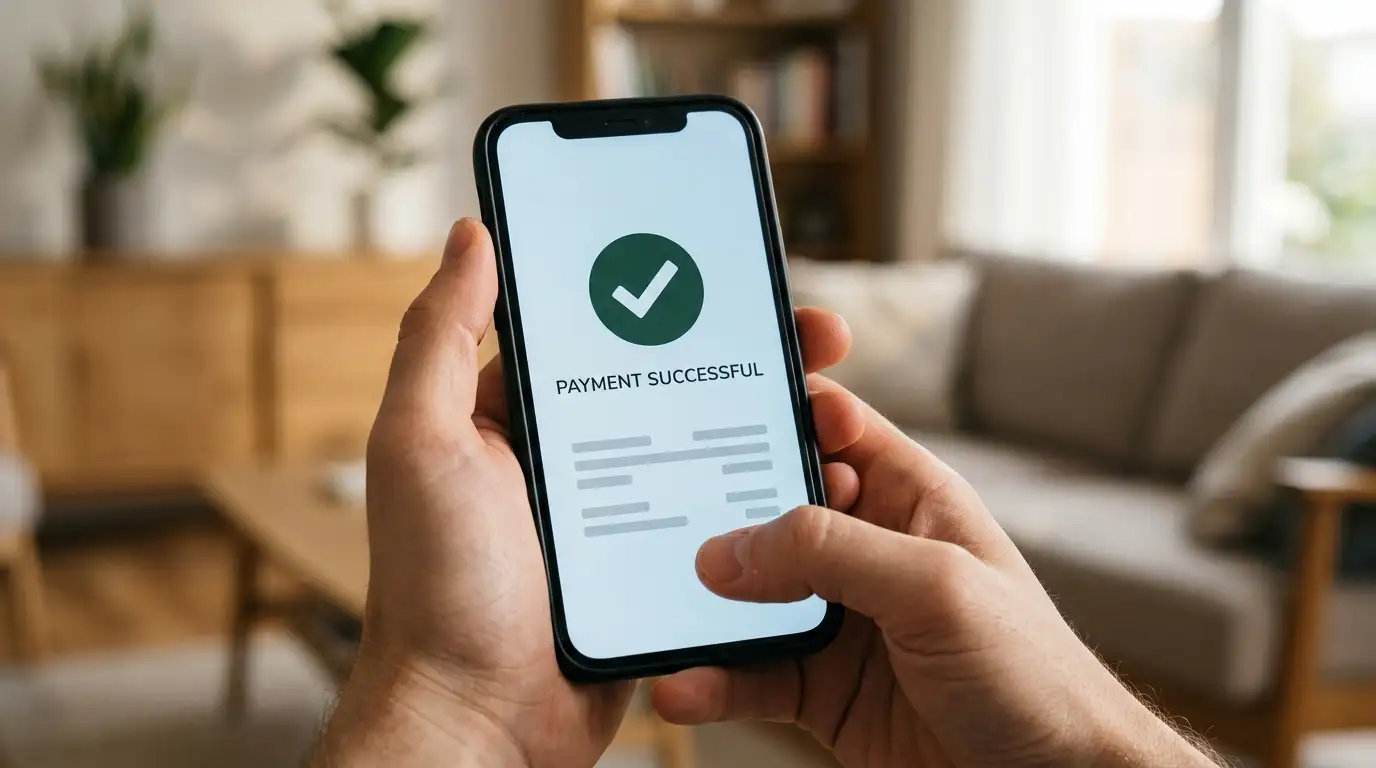 Hands holding a smartphone open on a plain banking transfer confirmation screen