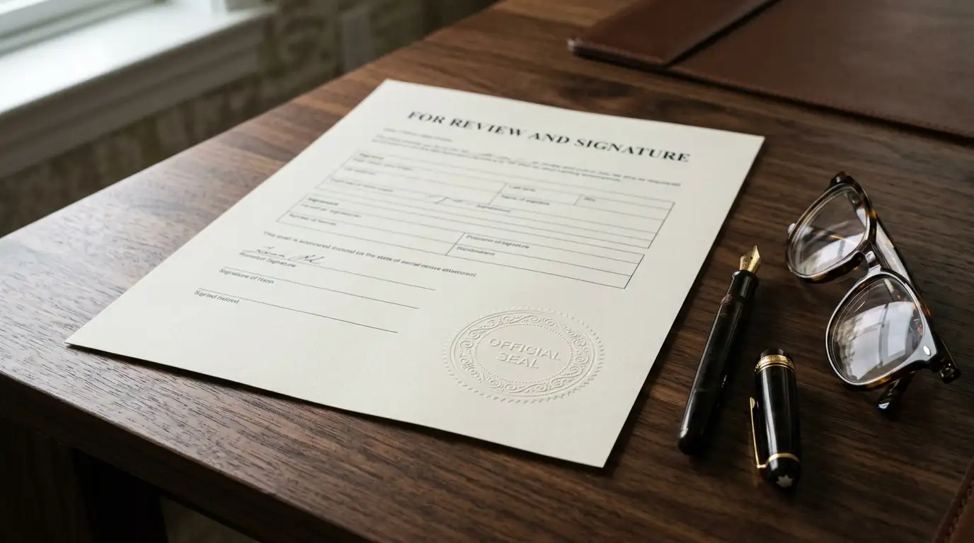 Neutral legal document with an official stamp lying on a desk under soft window light
