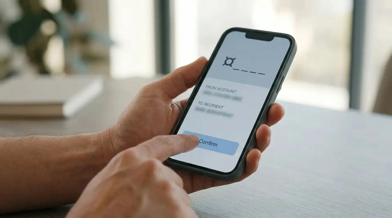 Hand approving an instant bank transfer on a mobile banking app