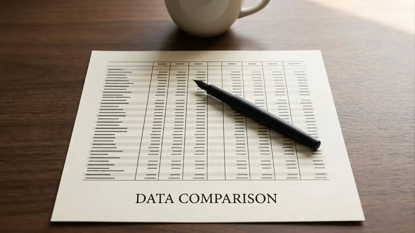 Desk with a printed comparison sheet of payment conditions and a pen resting across it