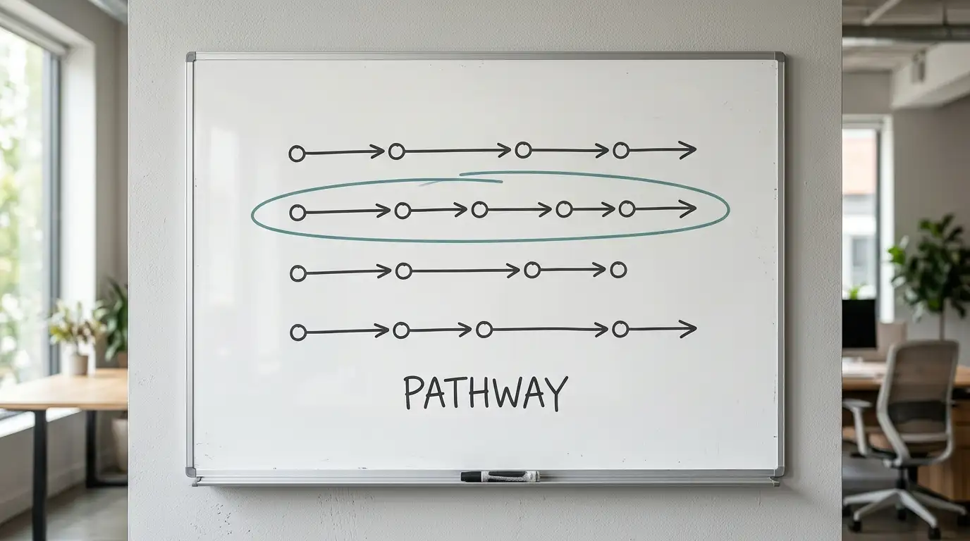 Several unmarked transfer routes drawn on a whiteboard with one path circled