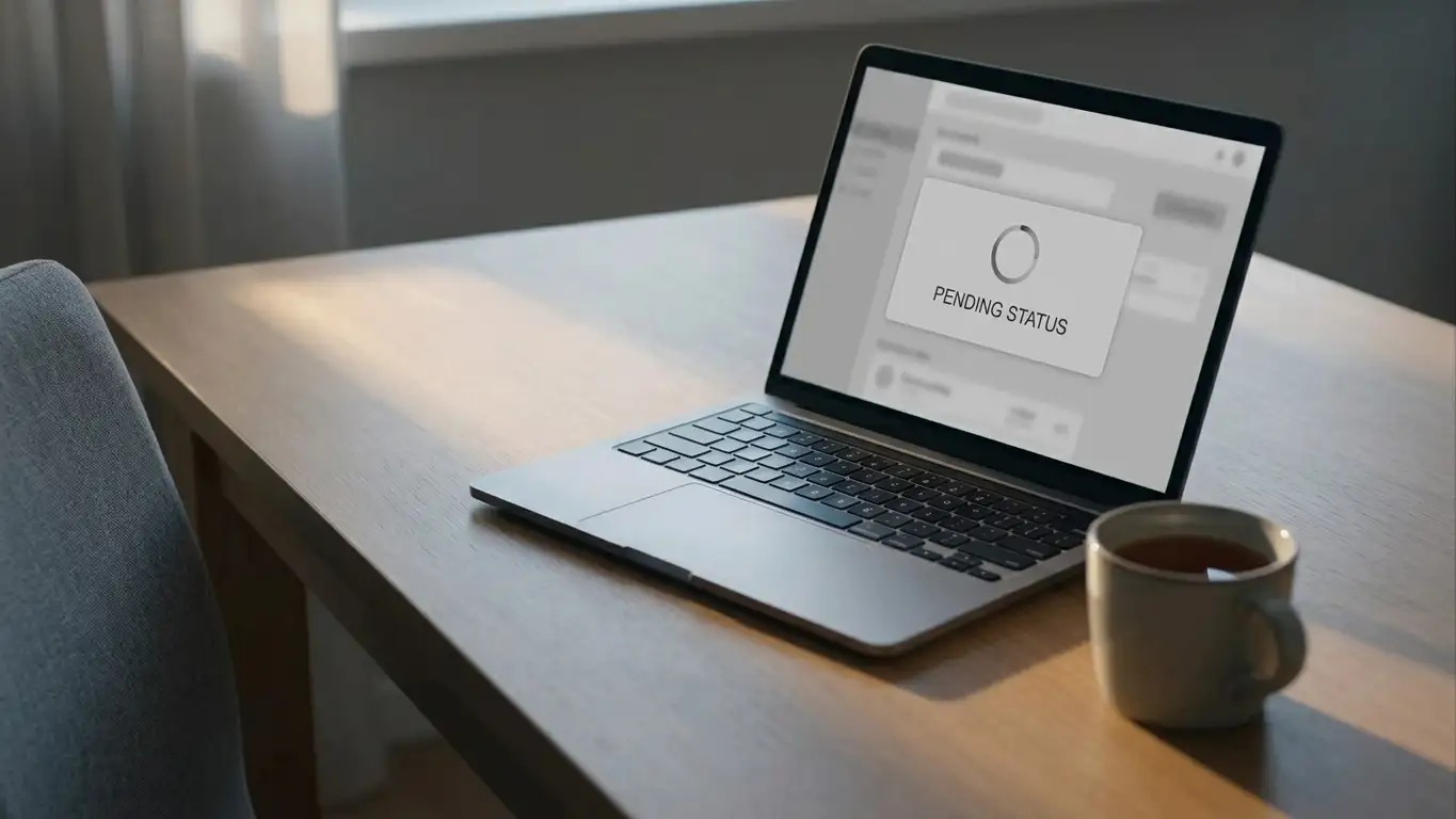 Withdrawal request pending approval on a laptop screen at a home desk
