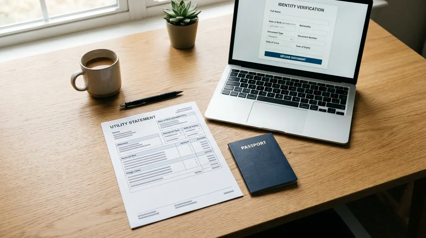 Passport and a utility statement laid out beside a laptop showing a neutral verification screen