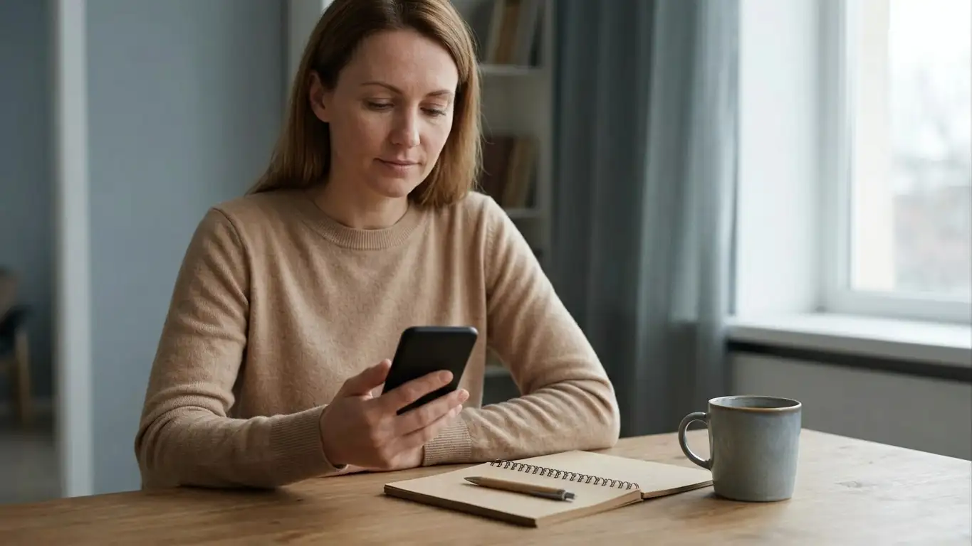 Person at a desk checking a phone showing a pending transfer notification, notepad beside it
