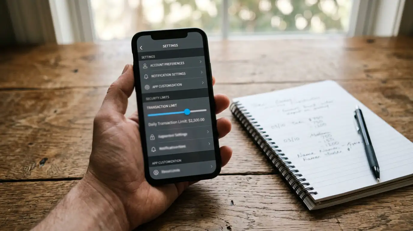 Smartphone showing a neutral banking app transfer limit screen beside a notepad