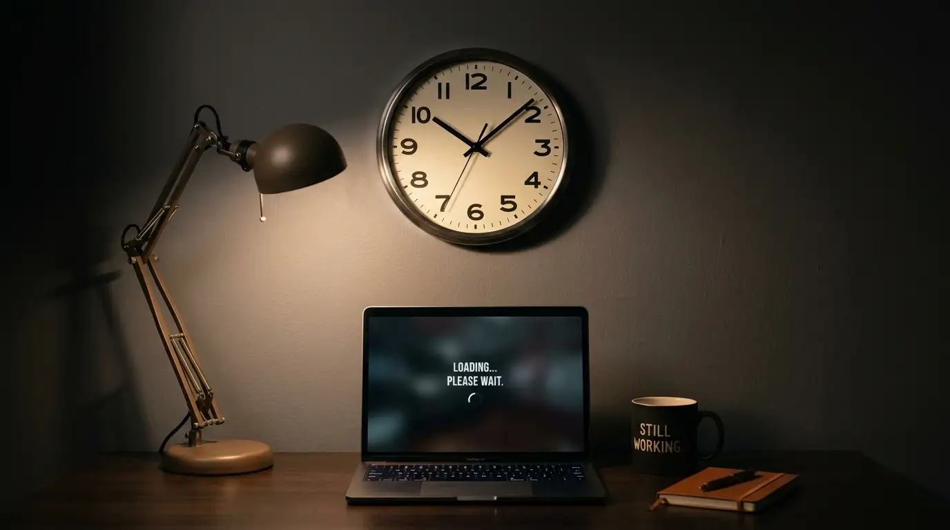 Wall clock beside a laptop displaying a pending withdrawal status screen in a quiet room at night