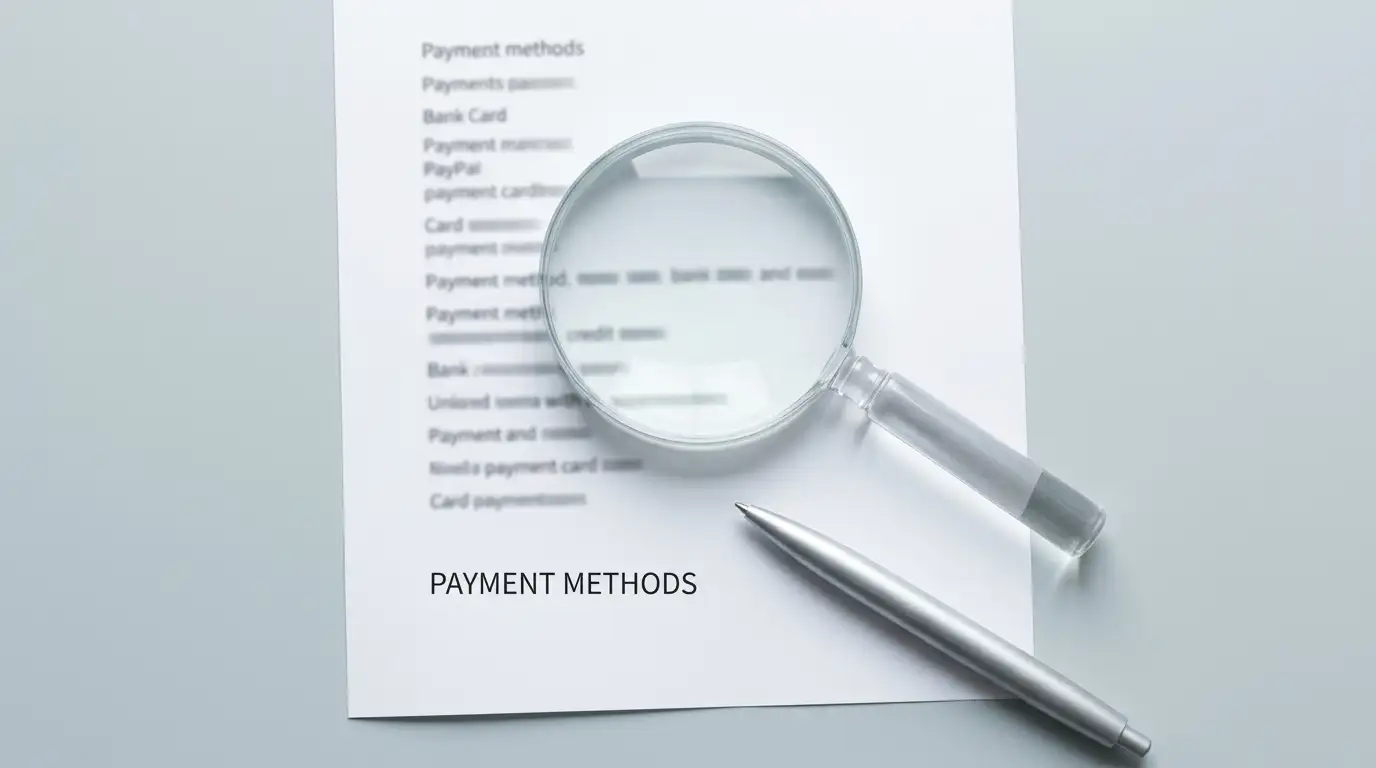 Magnifying glass over a printed list of website payment methods