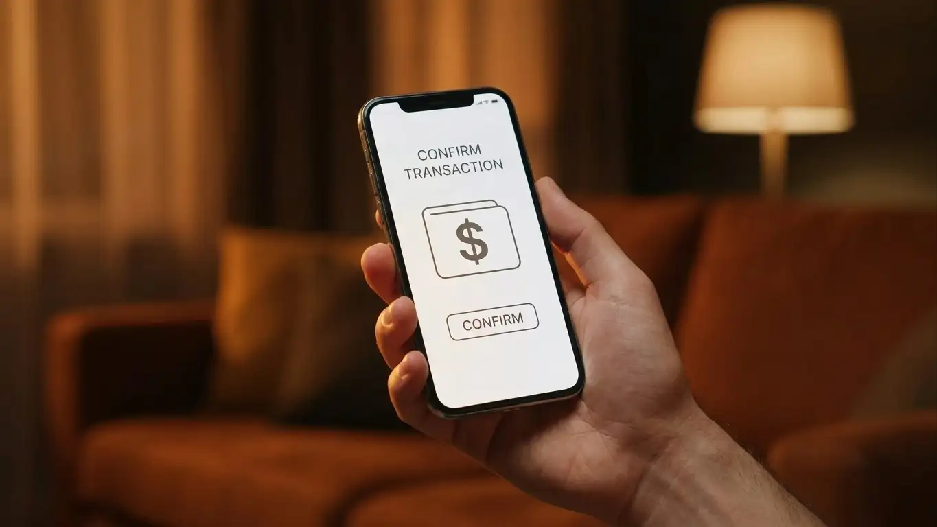 Hand holding a phone showing a wallet confirmation screen