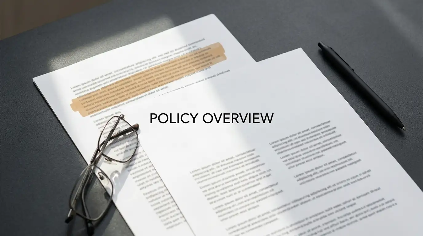 Printed policy document with a highlighted clause on a desk