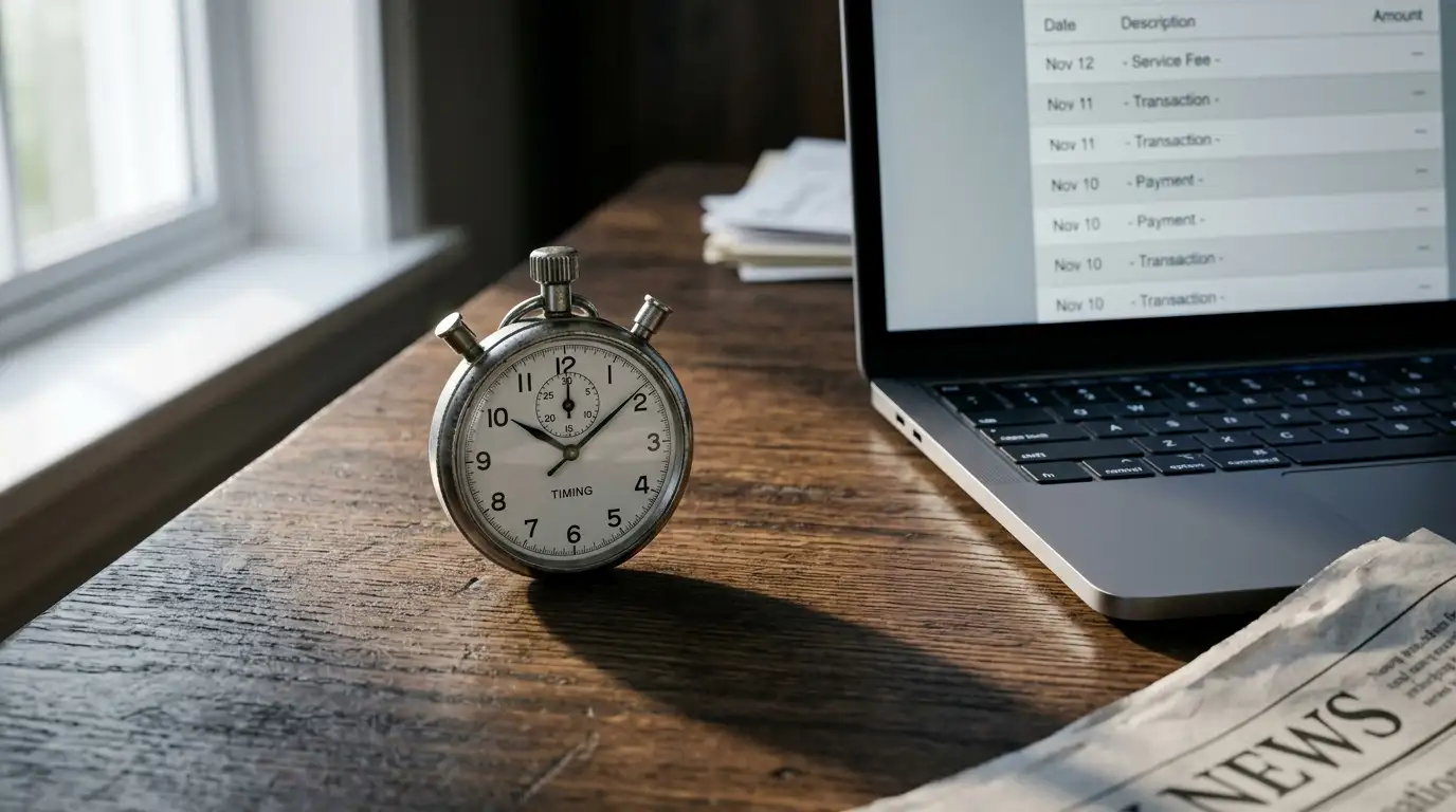 Stopwatch beside a laptop showing a neutral transaction list