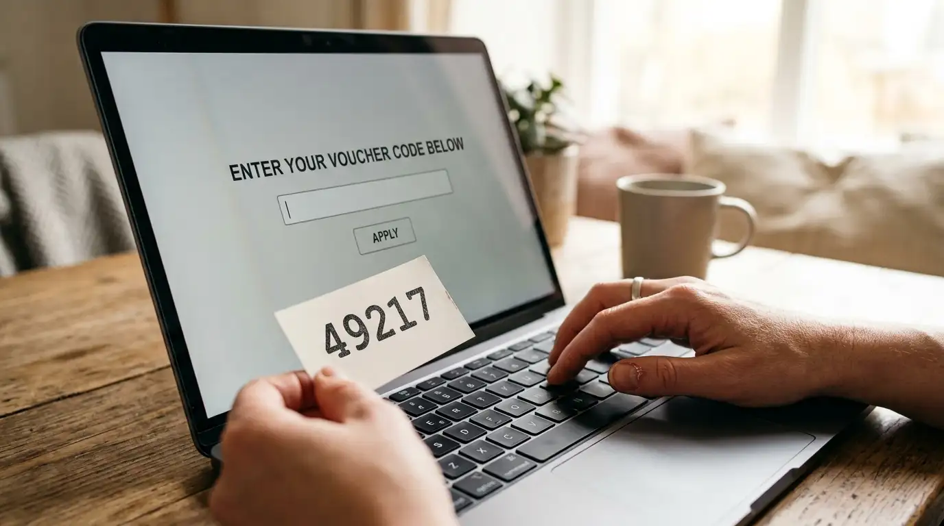 Hand entering a sixteen-digit voucher code into a payment field on a laptop screen