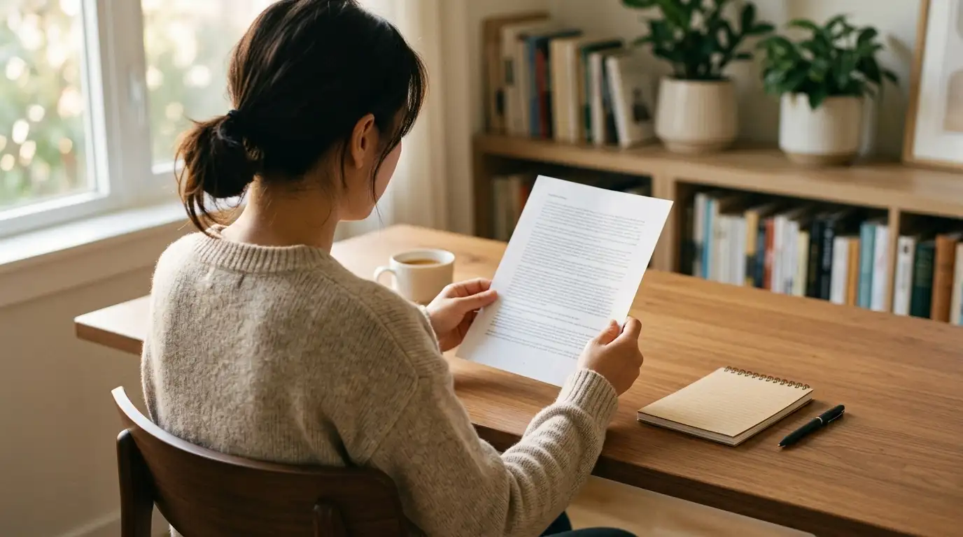 Person reviewing a printed fee schedule at a tidy desk with a notepad