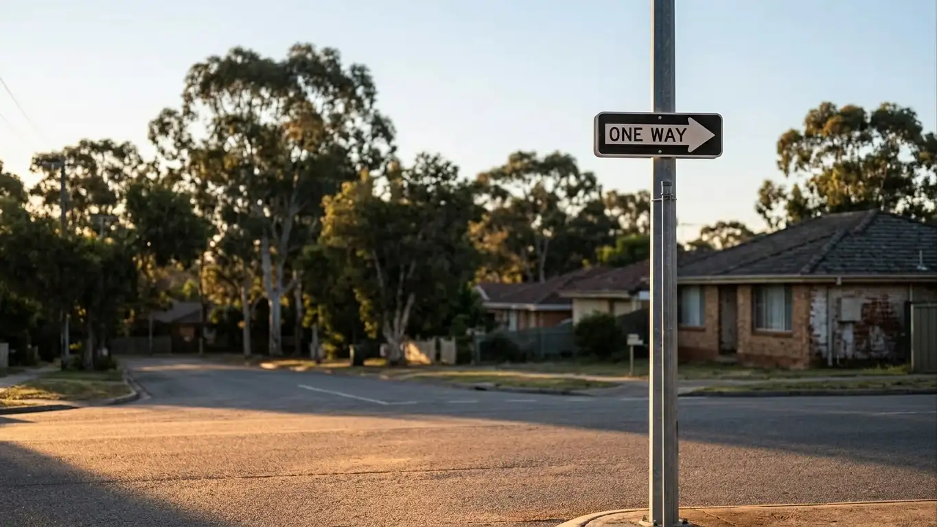 One-way road sign on a quiet street at dawn