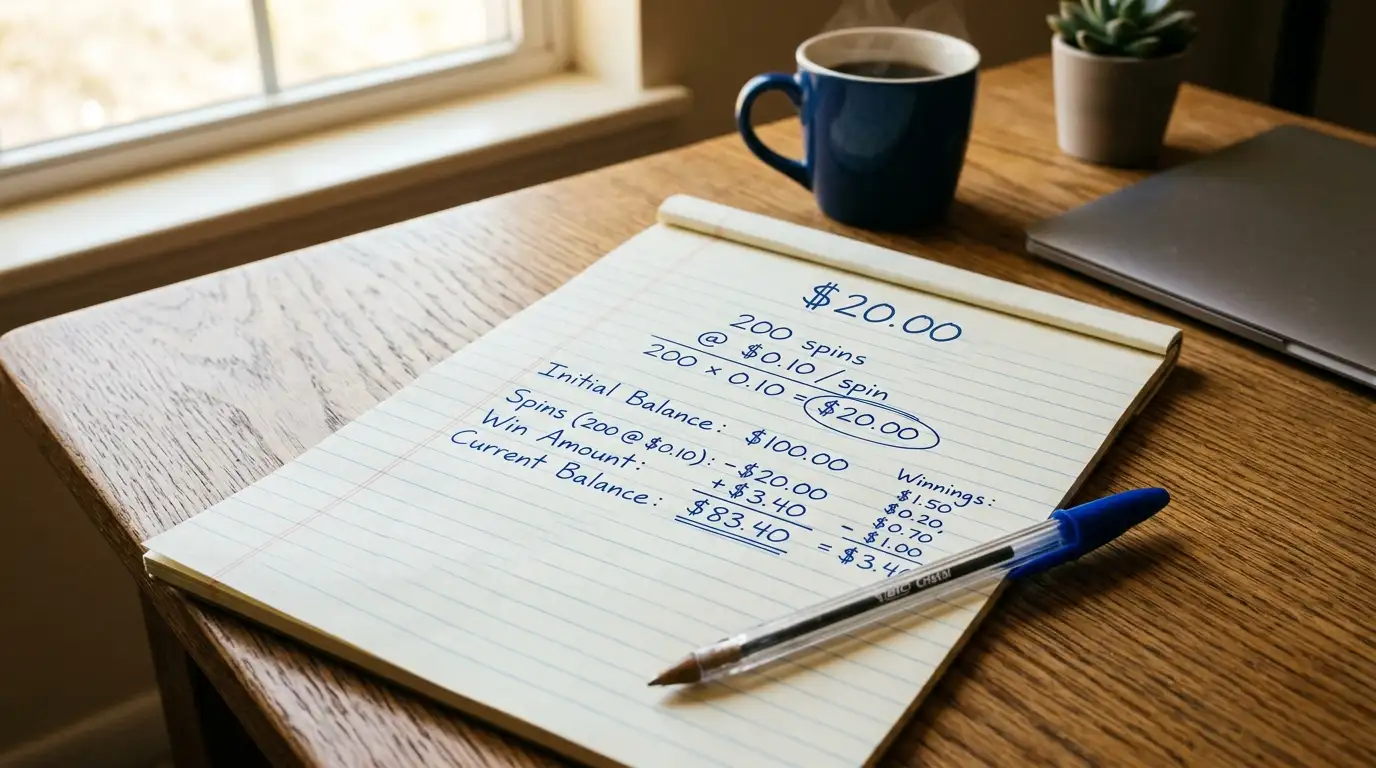Notepad with handwritten calculations showing twenty dollars and spin counts