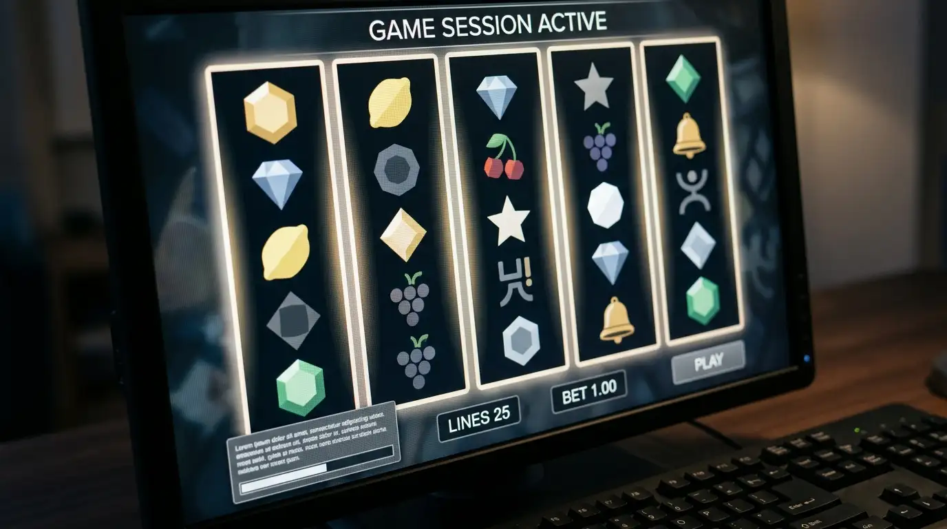 Close-up of generic slot reels on a monitor with the game information panel open
