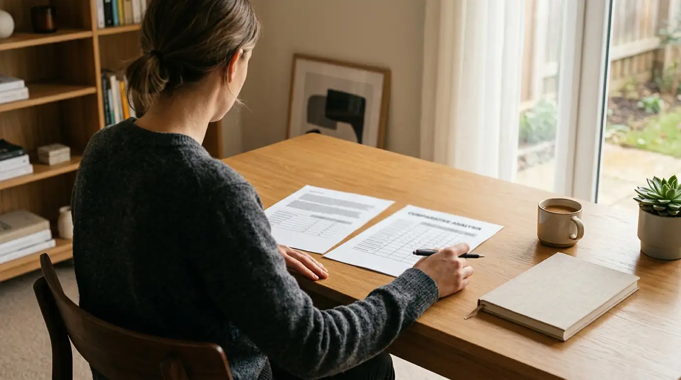 Person at a desk comparing two printed operator documents side by side