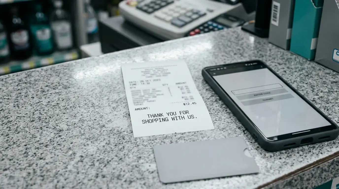 Prepaid voucher receipt with a printed code on a shop counter next to a phone