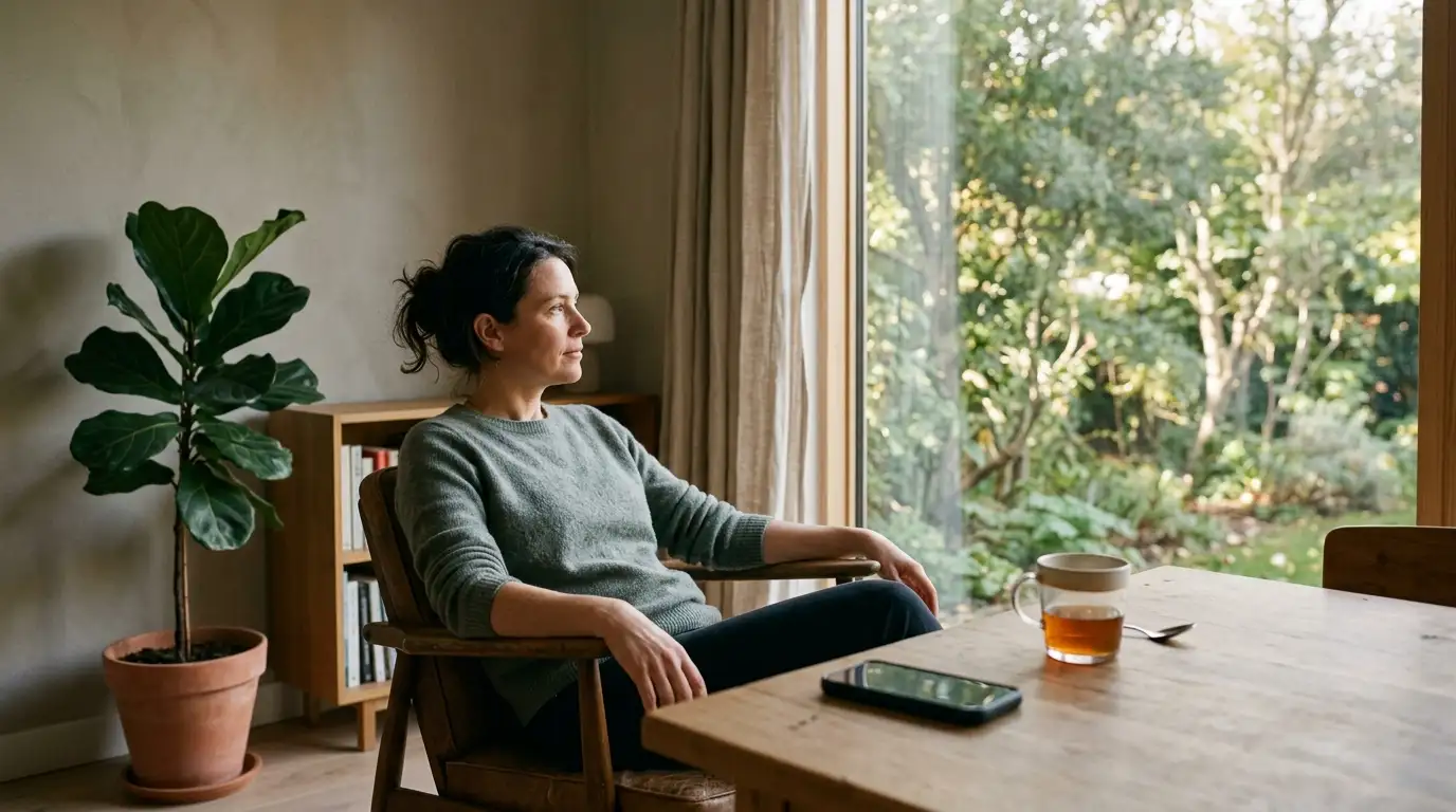 Person sitting back from a phone left face down on a table by a window