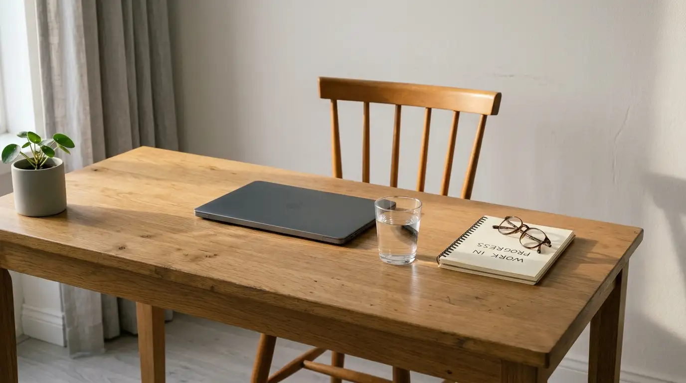 Empty chair at a tidy desk with a closed laptop and a glass of water