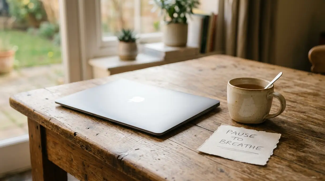 Closed laptop on a kitchen table beside a mug and a handwritten note