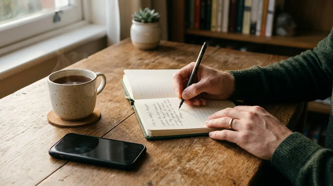 Person writing a spending limit into a notebook at a quiet desk with a phone turned face down