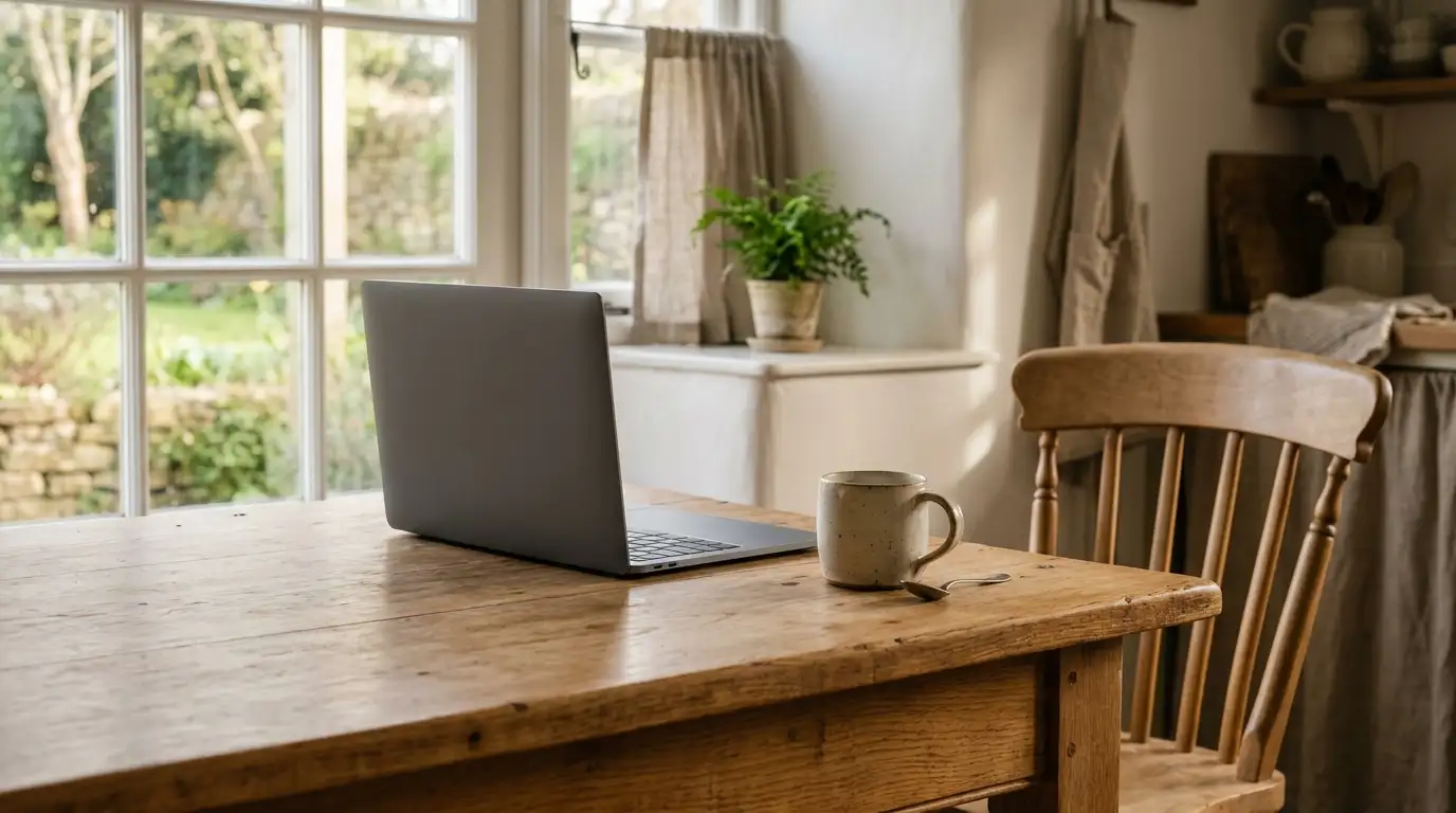 Quiet kitchen table with a closed laptop and a mug in soft afternoon light