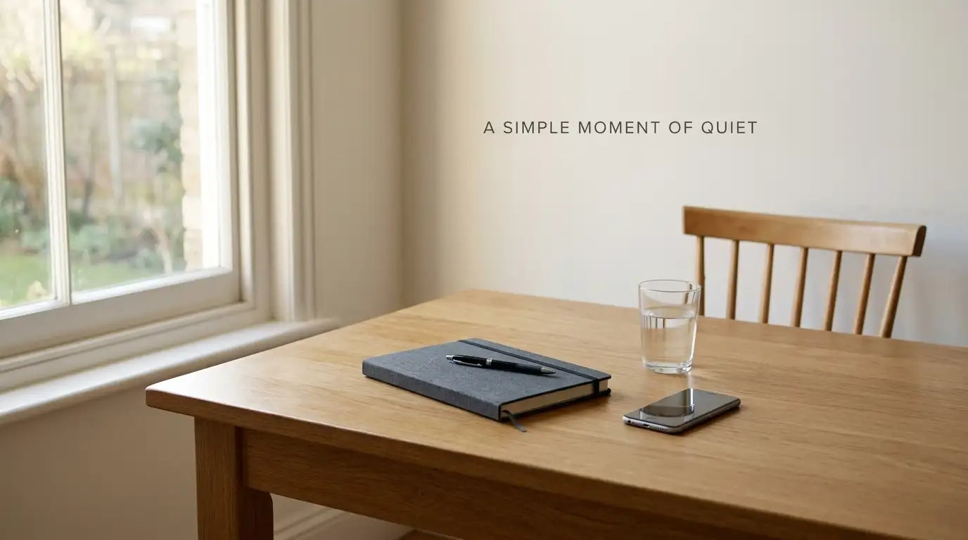 Quiet kitchen table with a notebook, a phone face down and a glass of water