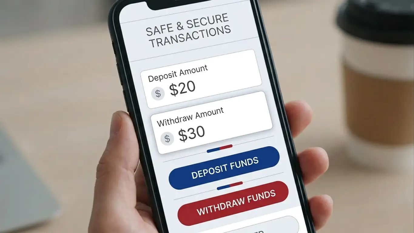 Smartphone screen showing a generic casino cashier interface with twenty and thirty dollar amounts in clean input fields