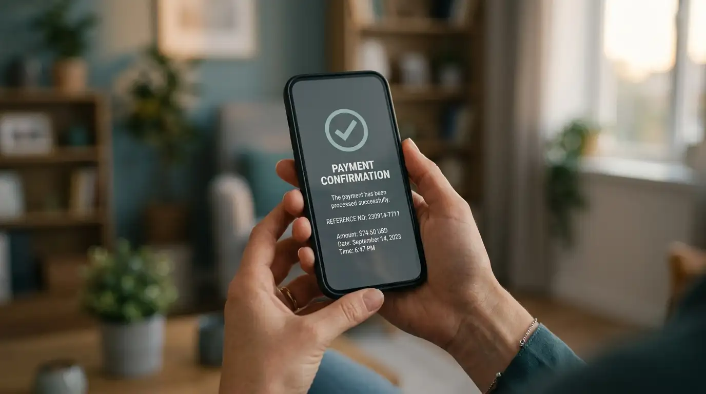 Hands holding a smartphone showing a neutral payment confirmation screen