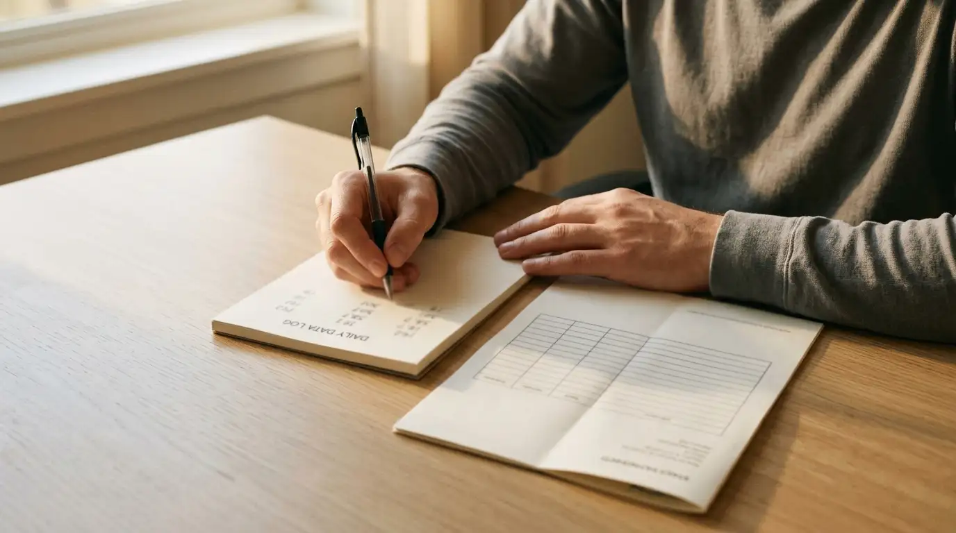 Person at a desk noting figures in a notepad beside a printed fee schedule