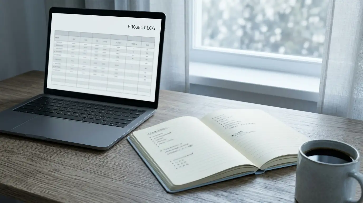 Open notebook with handwritten selection criteria beside a laptop showing a plain register page