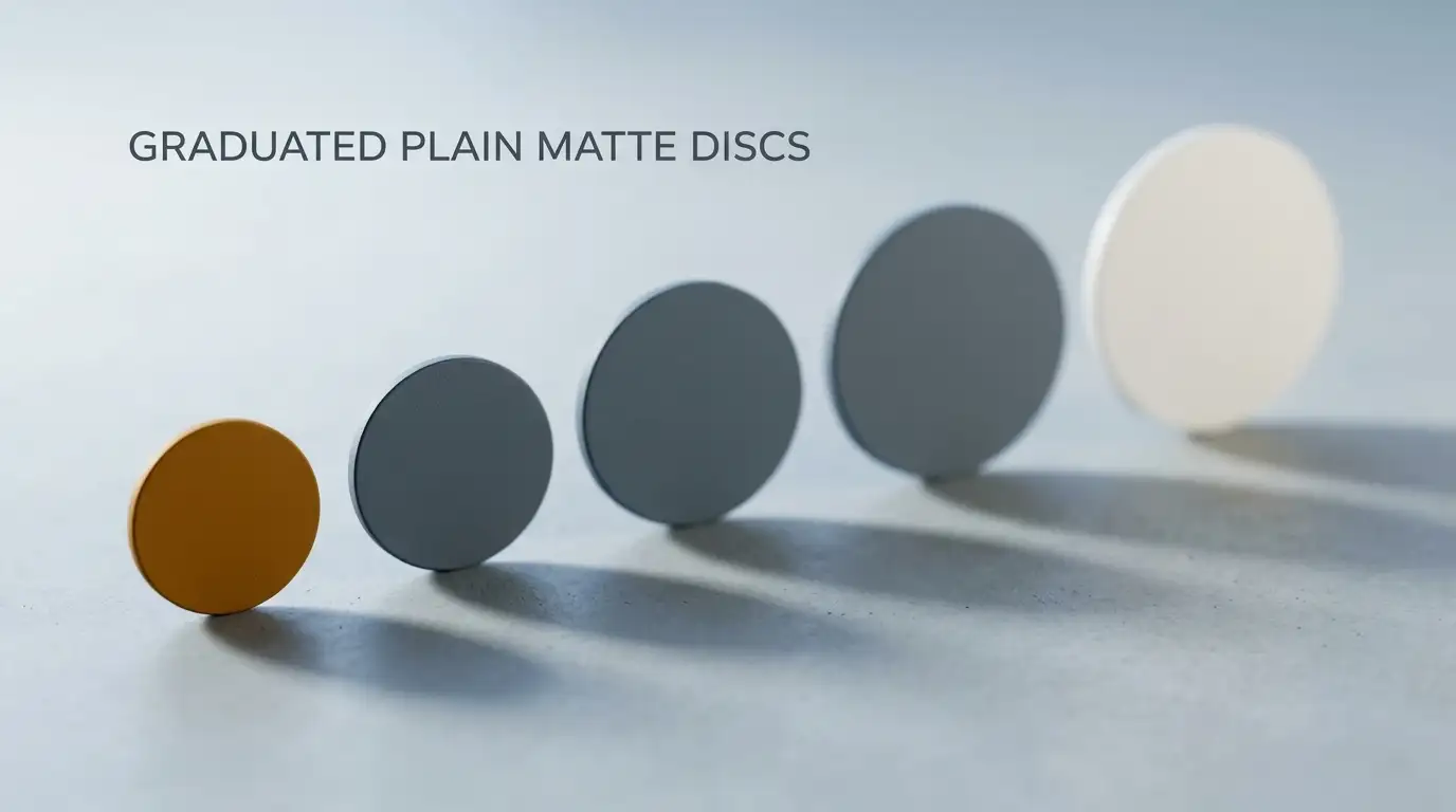 Abstract tokens of different sizes arranged in a row on a plain surface without any denominations