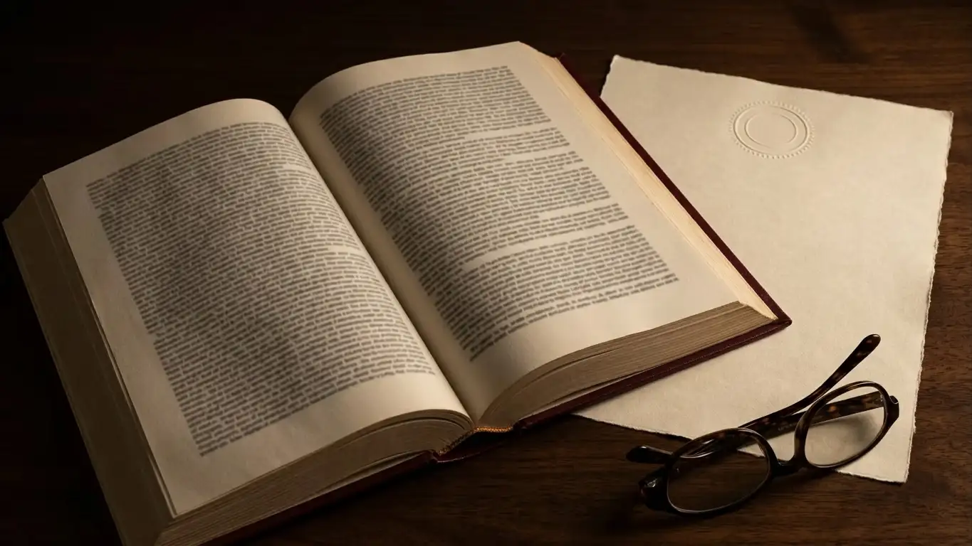 Neutral statute volume open on a desk beside a plain licence document without any crest