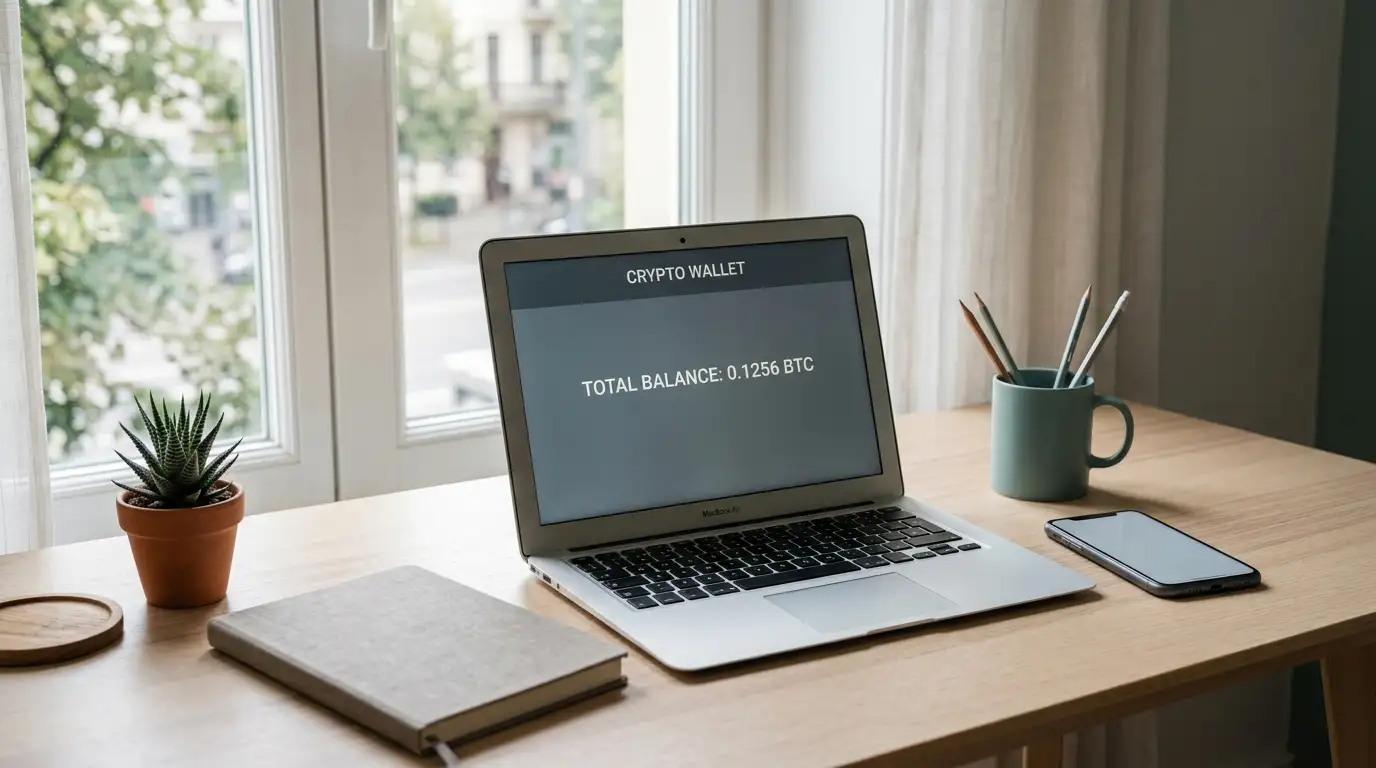 Desk setup with a laptop wallet screen showing a SOL balance for a Solana casino comparison in Australia