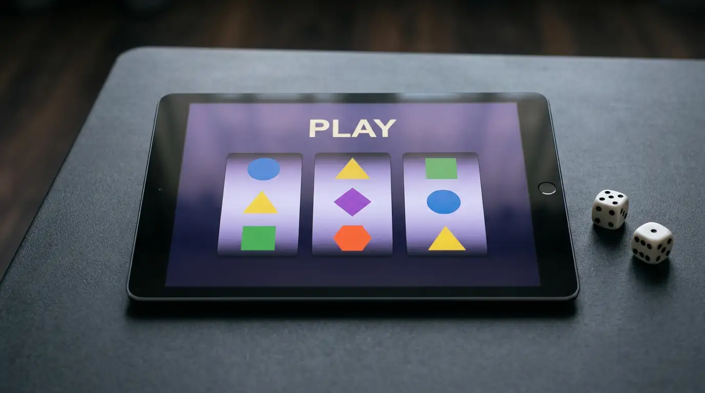 Generic spinning reels and unbranded symbols on a clean screen with a dice icon beside it