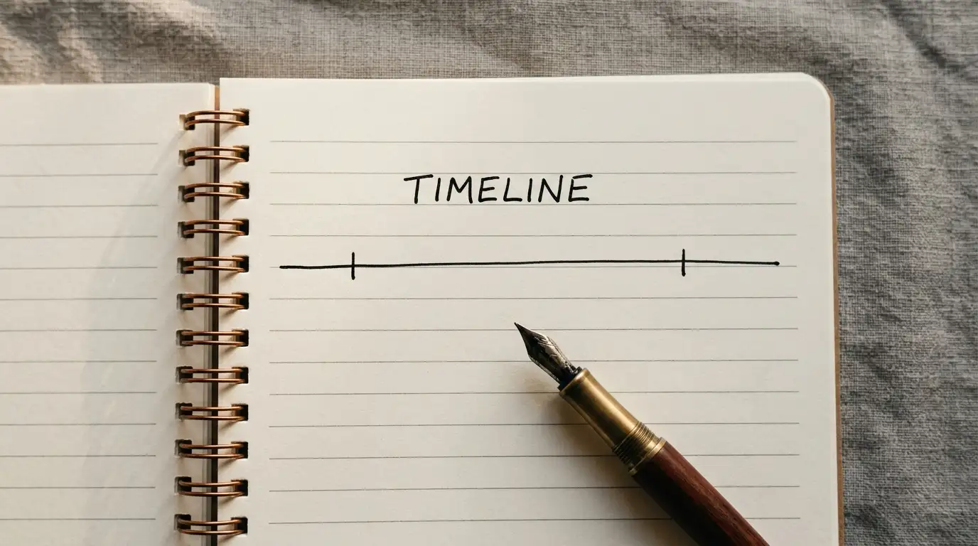 Simple timeline sketched on a notepad marking a short step followed by a much longer waiting period