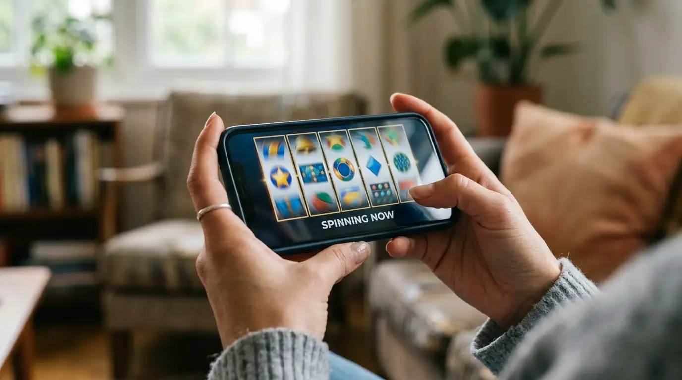 Hands holding a smartphone showing abstract spinning reels with no branding