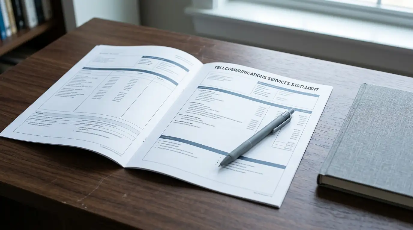 Printed mobile phone statement on a desk beside a pen and a closed notebook