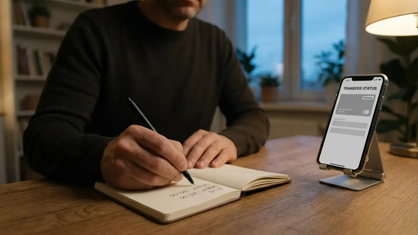 Person noting submission and arrival times while testing a cashout