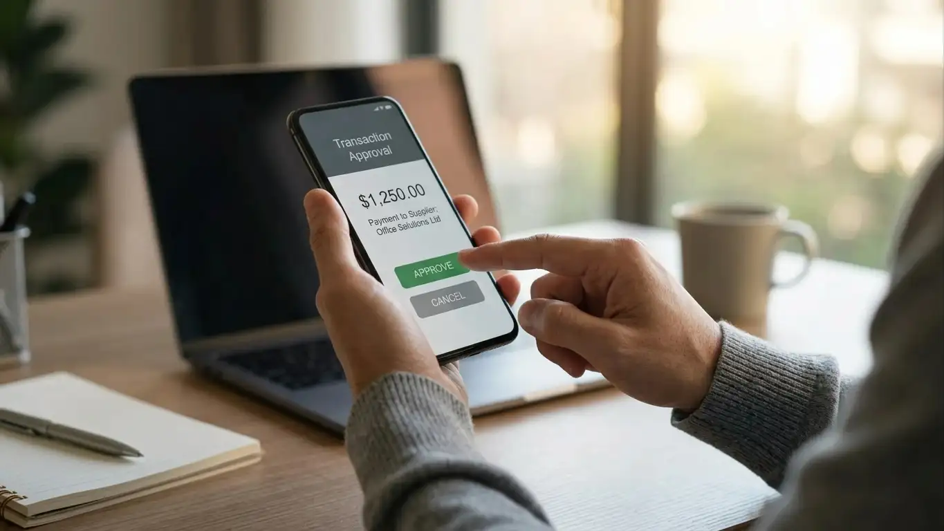 Person authorising a bank payment on a phone banking app at a desk